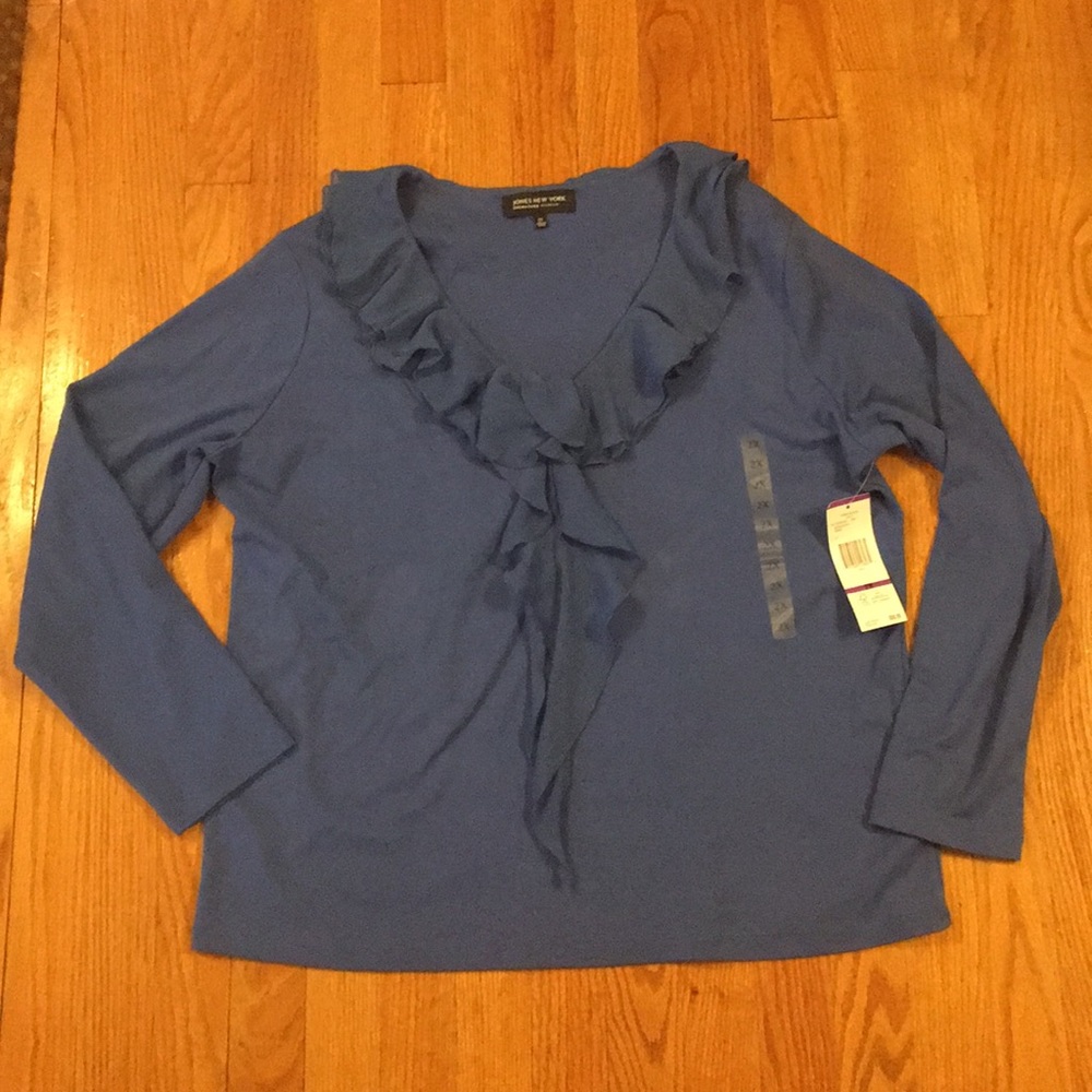 Jones New York Ruffled V-Neck Long Sleeve Top in Blue